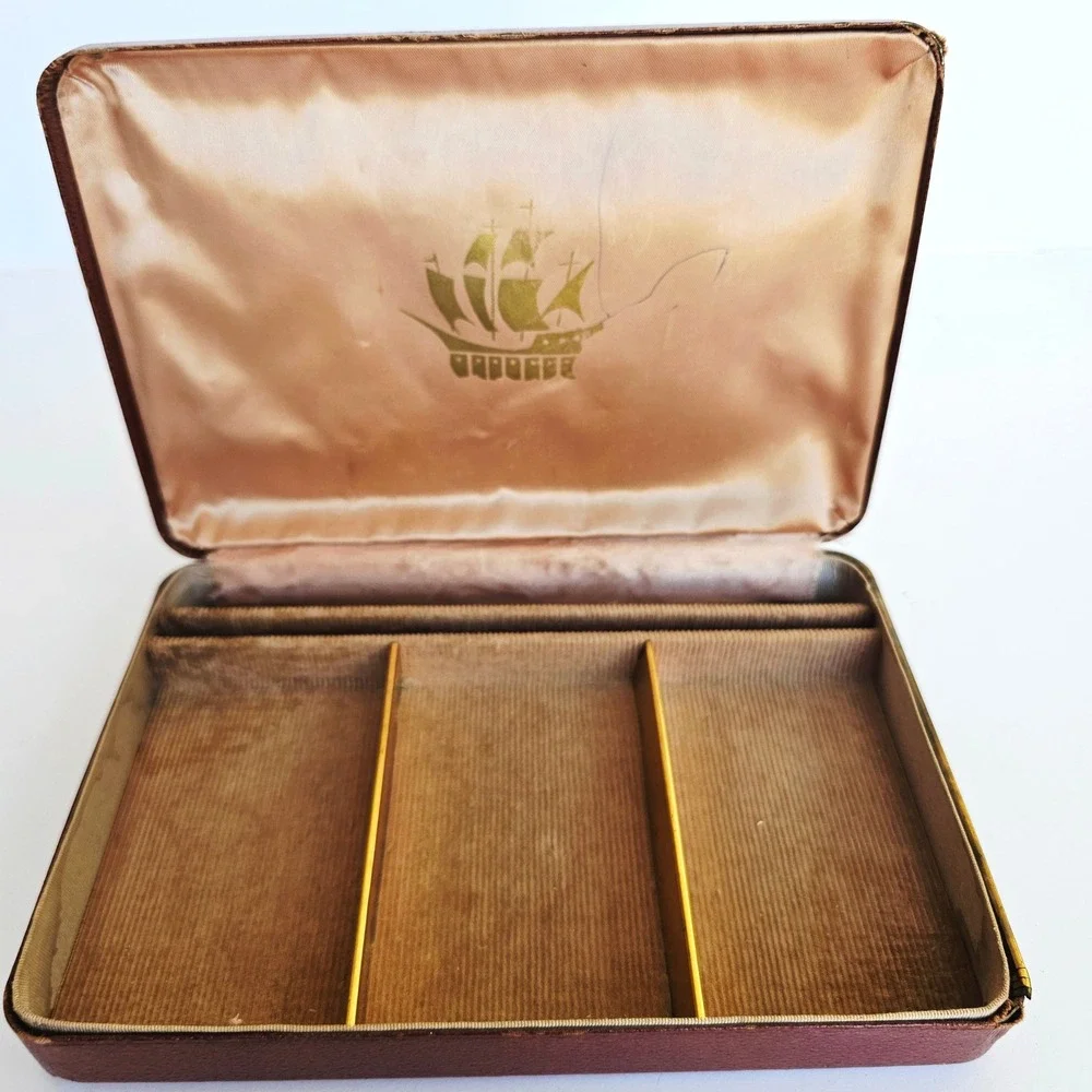 Vtg Farrington Brown Faux Leather Mens Valet Jewelry Box Nautical Ship Organizer